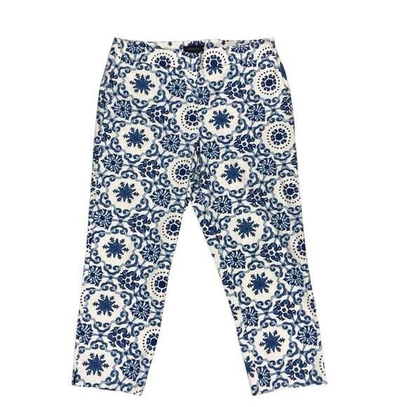Talbots Heritage Pants Women Sz 12 White Blue Mosaic Print Cropped Stretch Retro - Picture 1 of 15